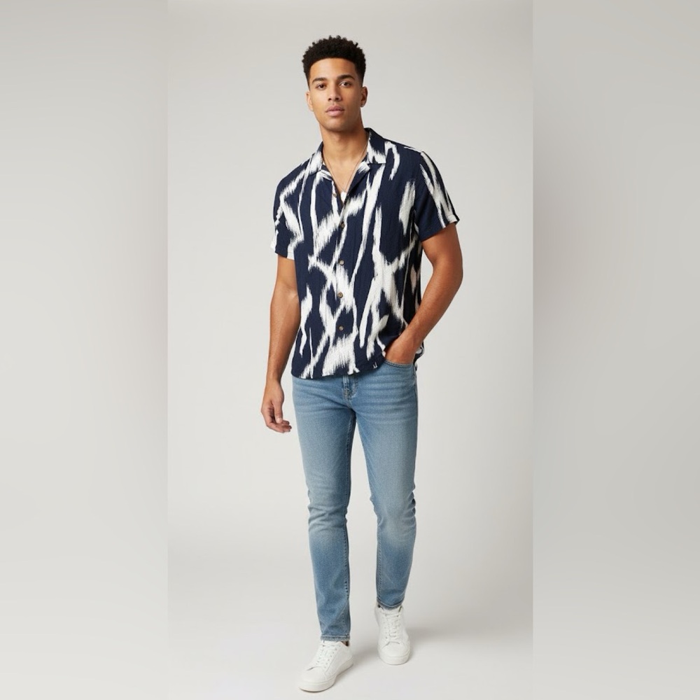 Black Brand Navy and White Casual Button Down Shirt